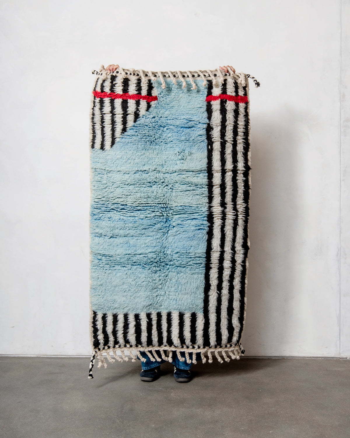 Modern, designer, handcrafted Berber rug from Morocco. Beniourain carpet with beautiful colours and patterns and fluffy wool texture.